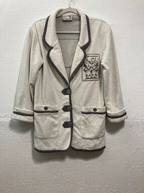 Vintage City Girl Sport Embellisment Button up Jacket Sweater Preppy Off White M